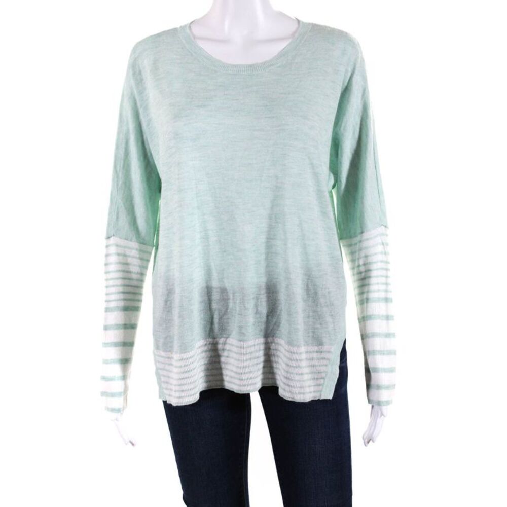 Birch Womens Striped Crew Neck Boxy Sweater Mint Green White Size Small